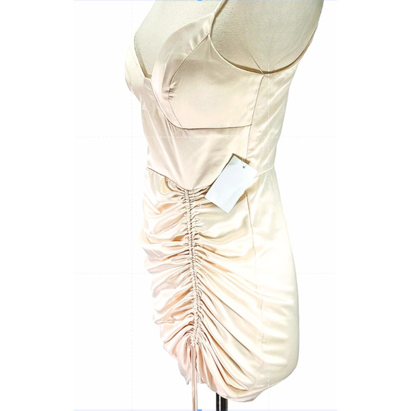 B Darlin Spaghetti Strap Corset Bodice Ruched Tie-Hem Satin Cream Dress Jr 3-4 - Picture 5 of 12